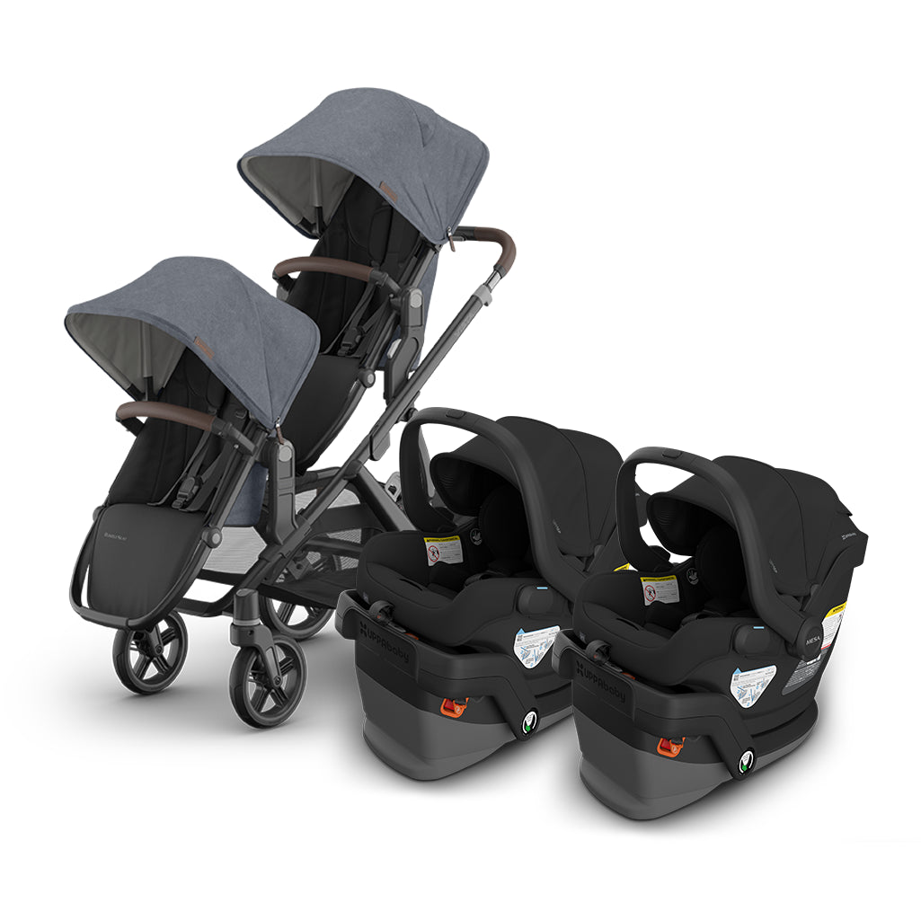 two uppababy mesa v3 twin stroller in julian gray with two mesa v3 infant car seats 