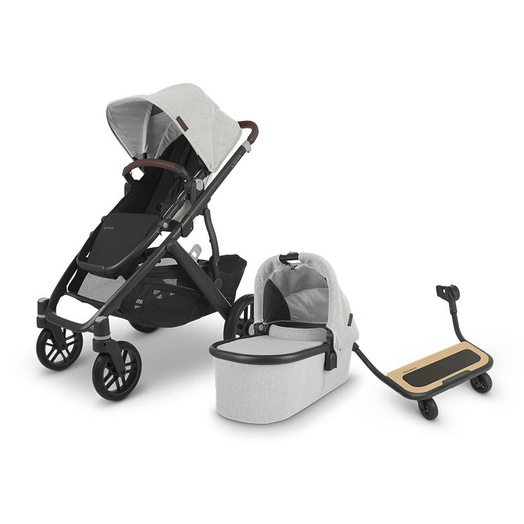Uppababy Vista stroller with sibling piggy back in Anthony silver