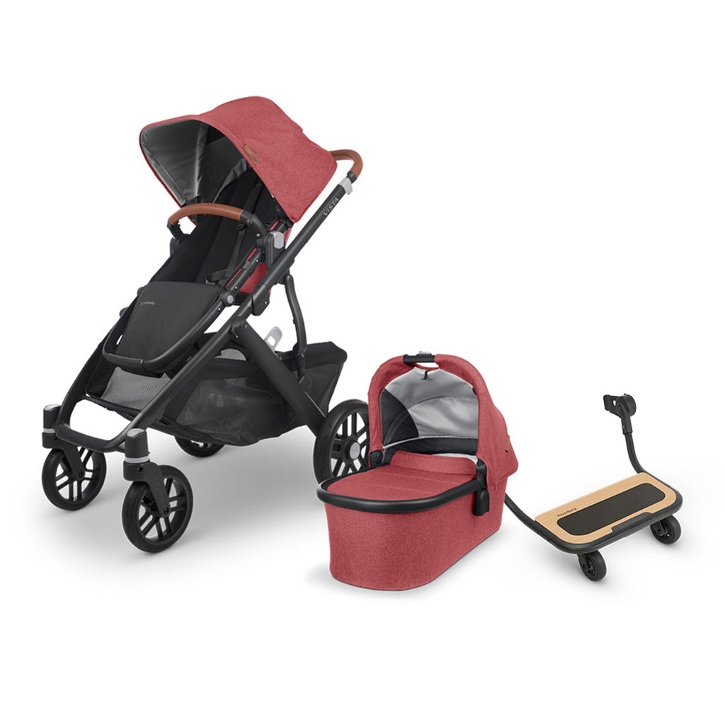 Uppababy Vista stroller with sibling piggy back in Lucy Red