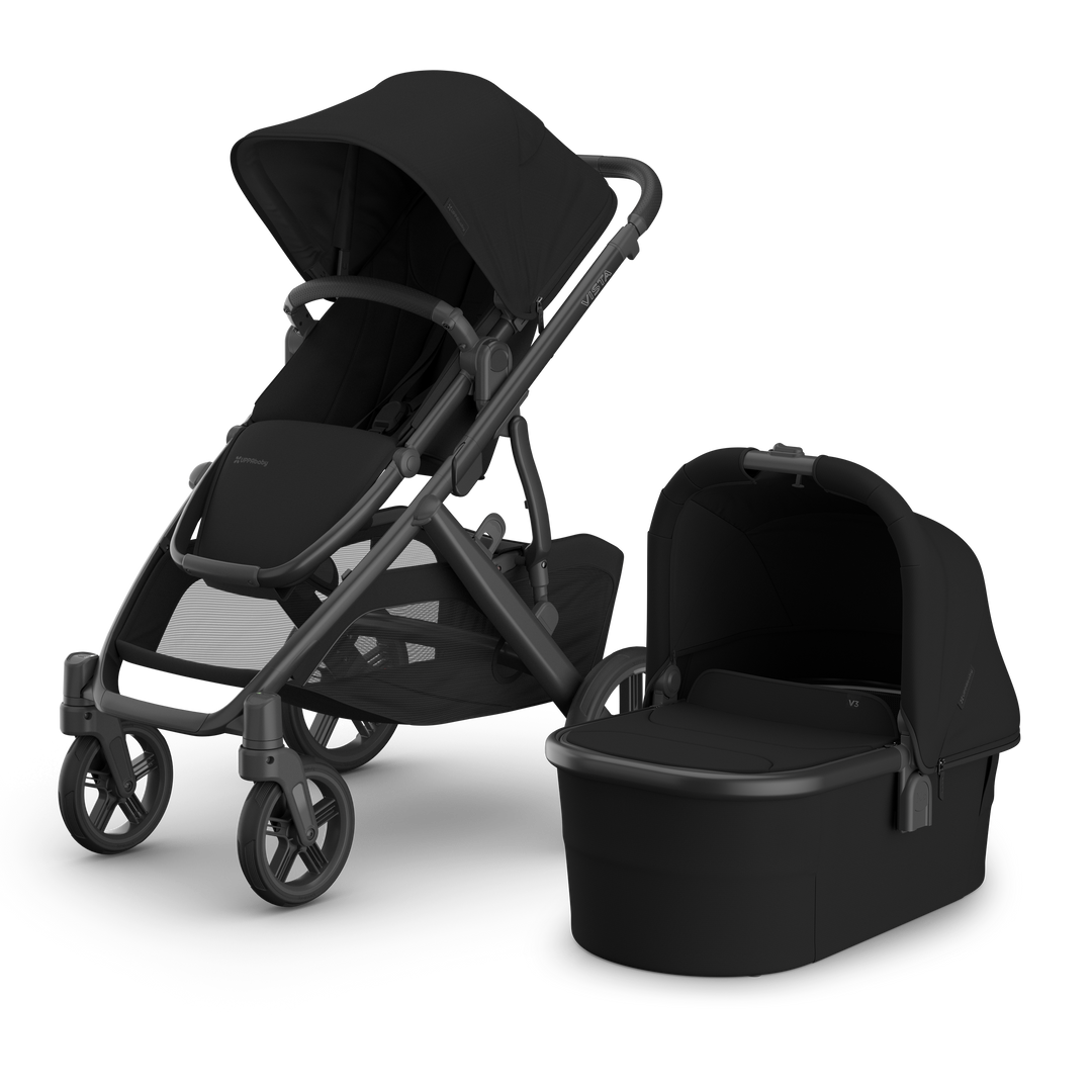 UPPAbaby Vista V3 Bassinet V3 James Black bundle — best all-black newborn stroller and bassinet system