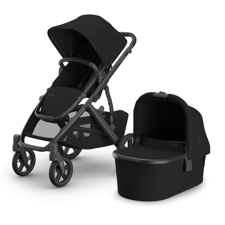 UPPAbaby Vista V3 Bassinet V3 James Black bundle — best all-black newborn stroller and bassinet system