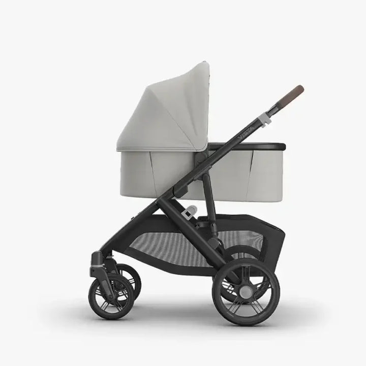 Savannah UPPAbaby Vista V3 full-size stroller with Bassinet V3 attached, newborn stroller setup