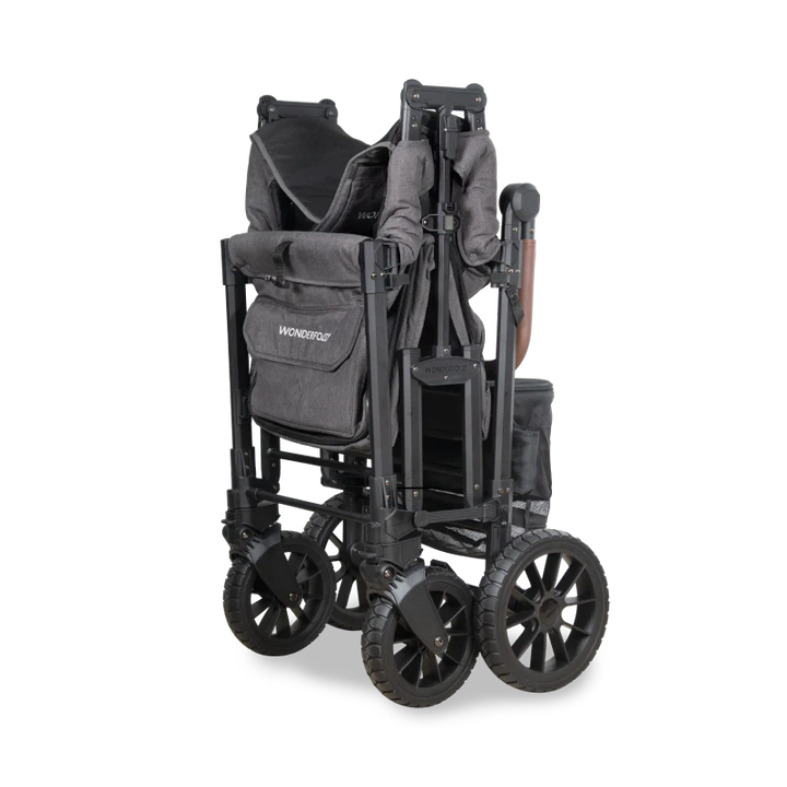Built for convenience, the gray Wonderfold W2 Luxe Pro doble stroller includes a foldable frame and ample seating space