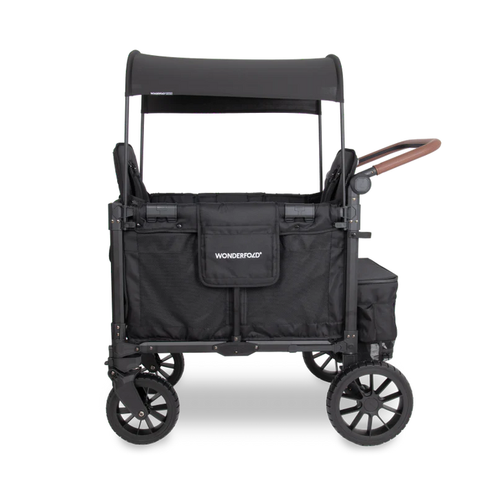 Engineered in black, this Wonderfold W2 Luxe Pro twins stroller features dual seating and all-terrain performance