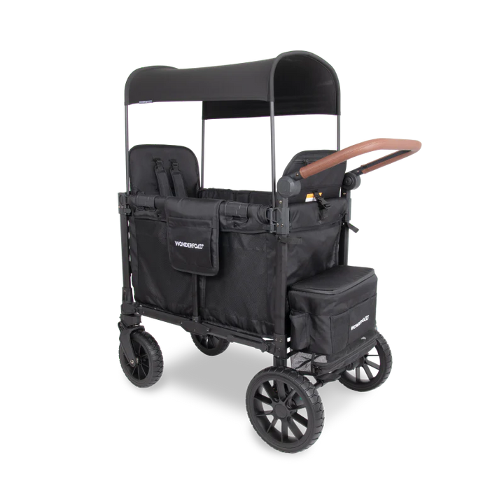 Finished in black, the Wonderfold W2 Luxe Pro double stroller blends style with function for smooth family travel