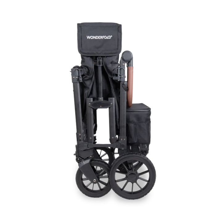 Built for versatility, the black Wonderfold W2 Luxe Pro wagon stroller includes canopy coverage and convenient storage