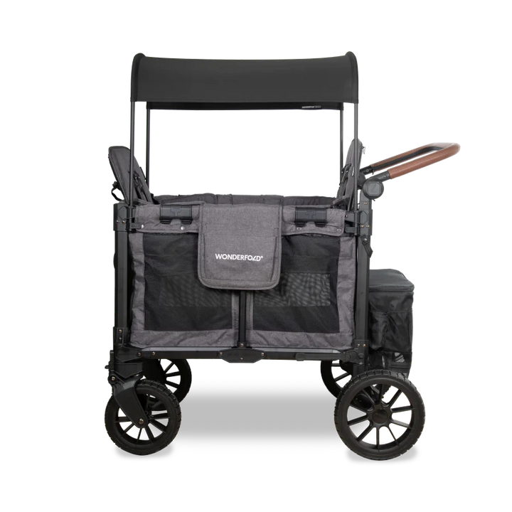 Featuring a modern gray finish, the Wonderfold W2 Luxe Pro wagon stroller offers roomy seating and a smooth ride for two children
