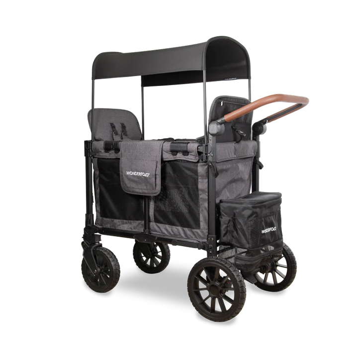 Designed in gray, this Wonderfold W2 Luxe Pro twins stroller delivers durability and comfort with spacious interior seating