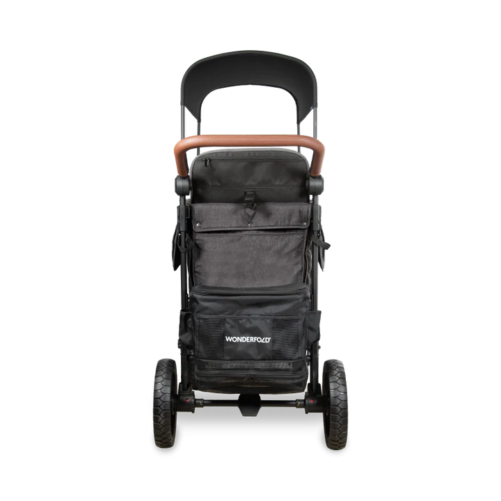 With its gray frame, the Wonderfold W2 Luxe Pro double stroller combines safety features and stylish design for growing families