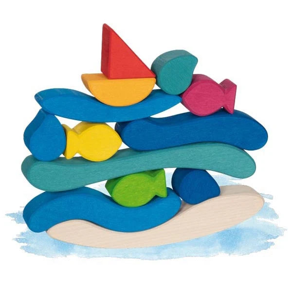 Goki Evolution colorful wooden toy stack with boats and fish Water World Stacking Game
