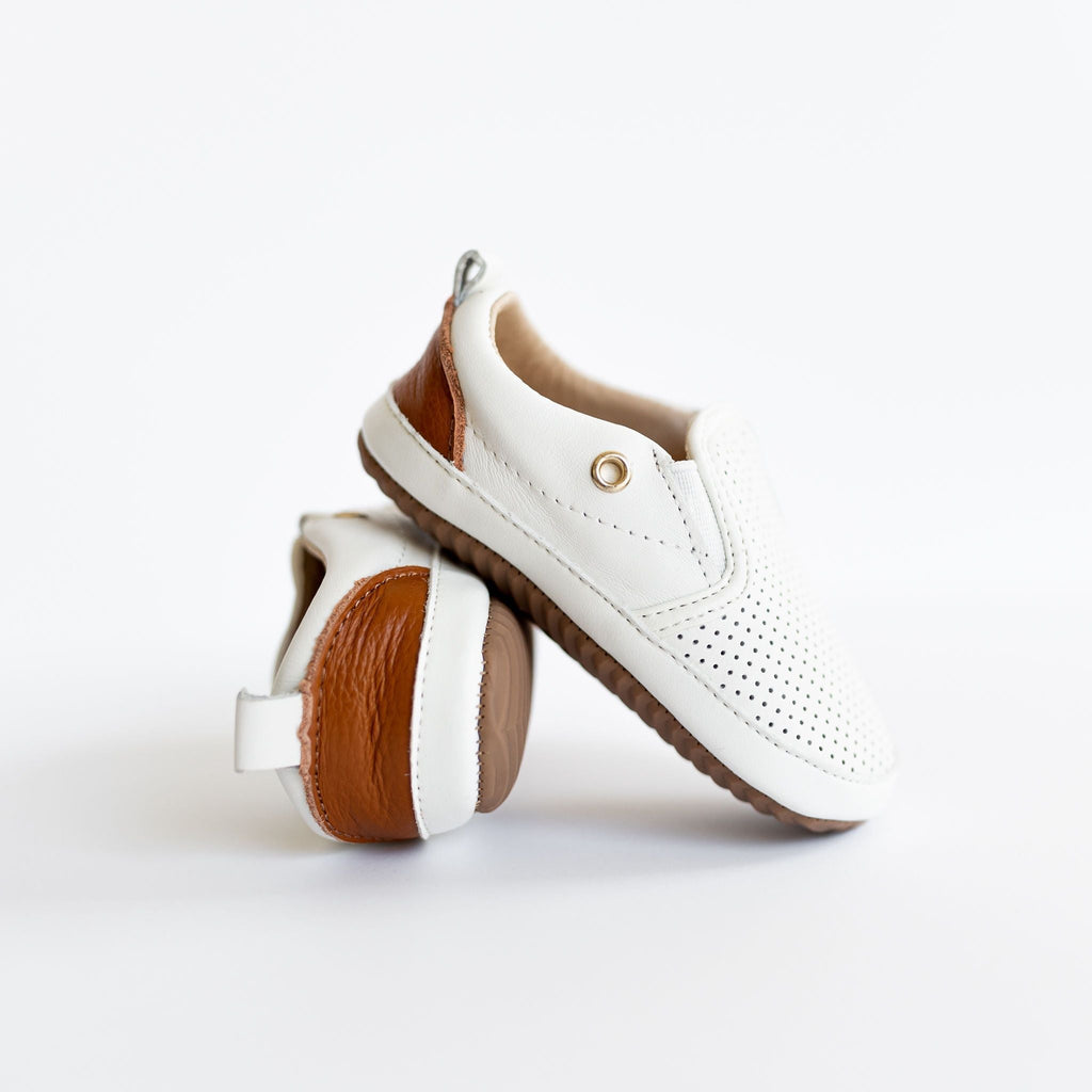 White leather Quinn slip-on shoes made by Little Love Bug co.