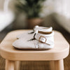 White organic leather t-bar shoes made by  Little Love Bug Co.