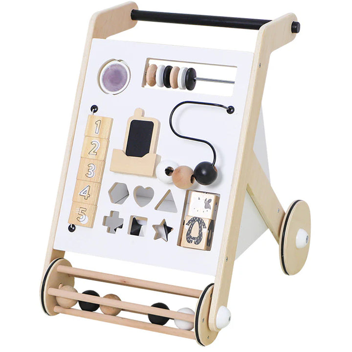Wonder & Wise Awesome Activity Walker wooden push toy with beads, gears, and shape sorter for toddler learning and balance