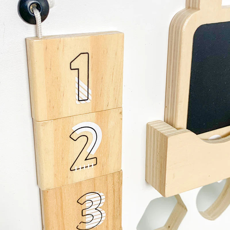 Detail of Wonder & Wise Awesome Activity Walker wooden blocks with numbers and chalkboard, Montessori-inspired baby learning walker
