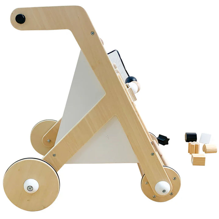 Side view of Wonder & Wise Awesome Activity Walker showing sturdy wooden frame and wheels, Montessori walking toy for babies