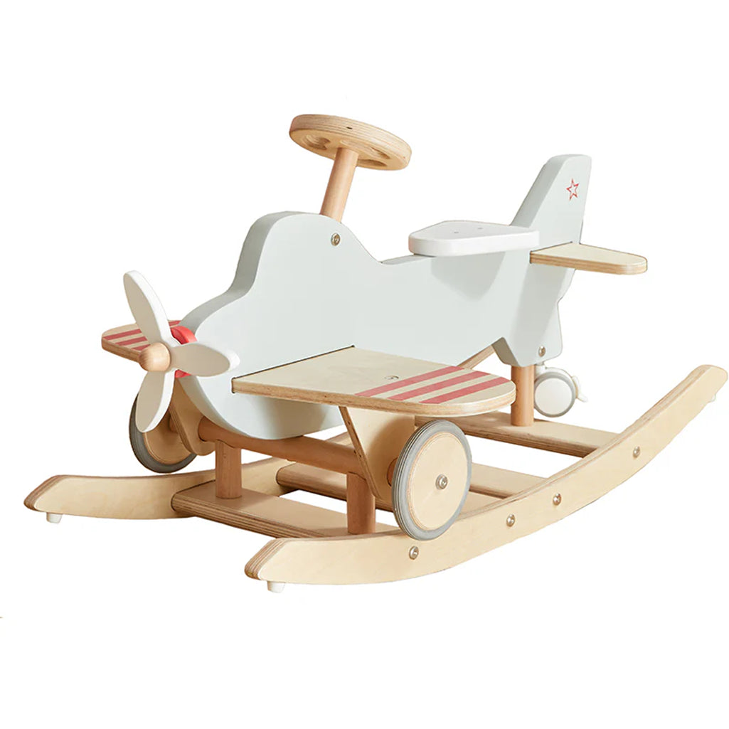 Wonder & Wise Airplane Ride-On Toy wooden plane rocker with propeller and red-striped wings for imaginative toddler play