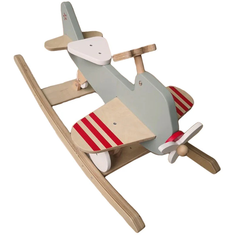 Top view of Wonder & Wise Airplane Ride-On Toy showing wooden seat, handles, and detailed wings for balance and fun