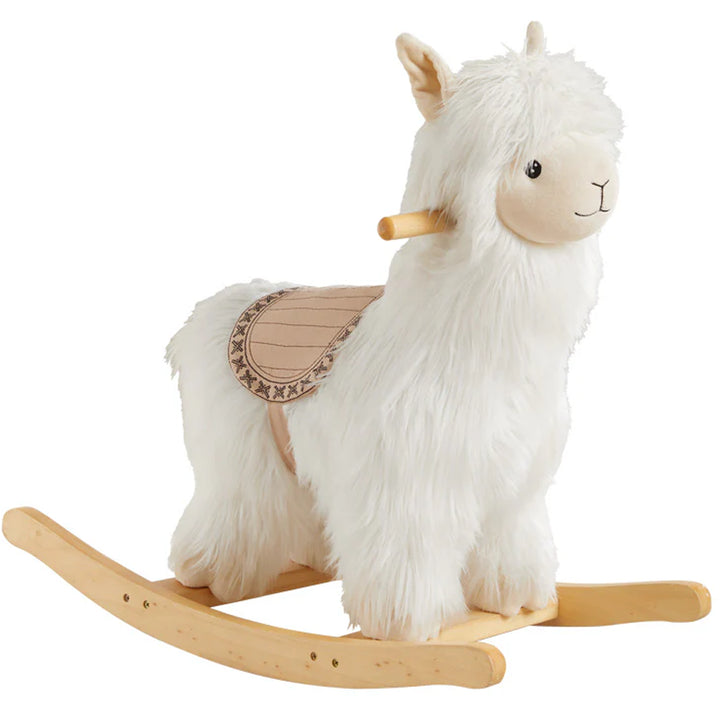 Wonder & Wise Alpaca Rocker Toy with solid wooden saddle, plush white rocking alpaca for toddlers and nursery play