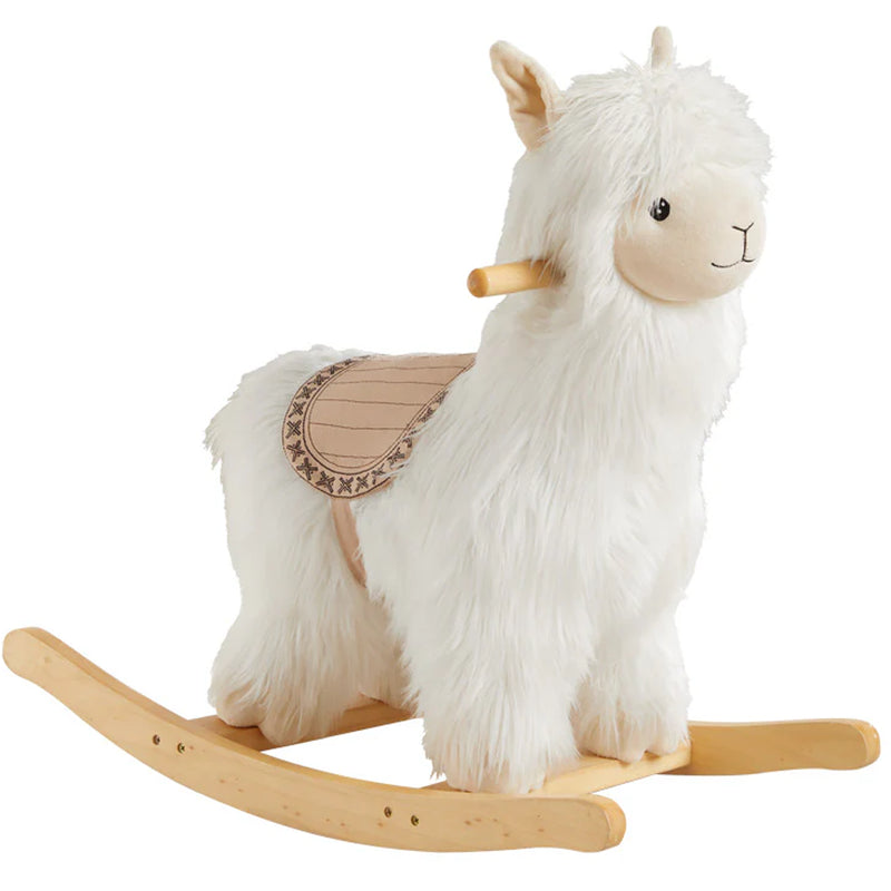 Wonder & Wise Alpaca Rocker Toy with solid wooden saddle, plush white rocking alpaca for toddlers and nursery play