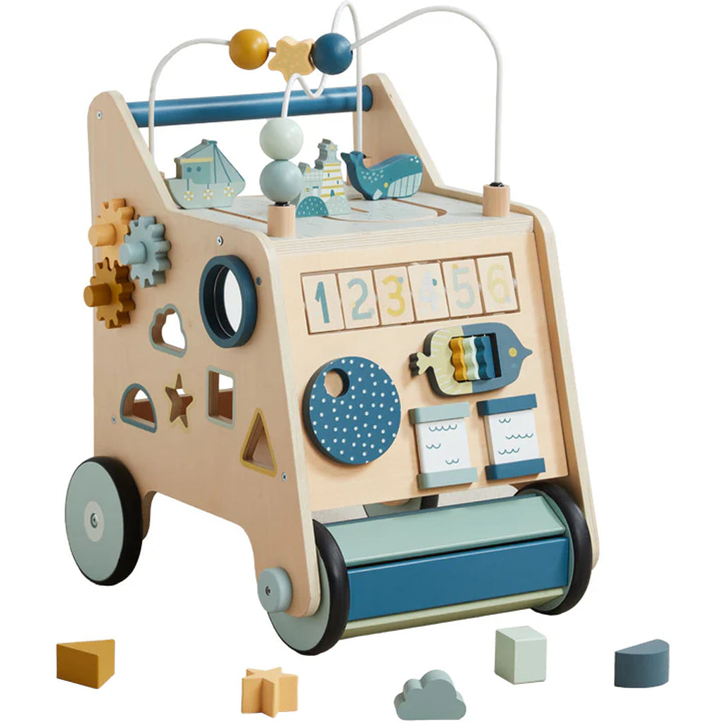 Wonder & Wise Busy Busy Baby Walker wooden activity toy with gears, blocks, and bead maze for toddler development