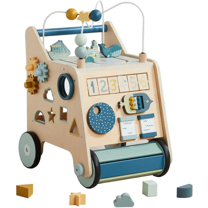 Wonder & Wise Busy Busy Baby Walker wooden activity toy with gears, blocks, and bead maze for toddler development