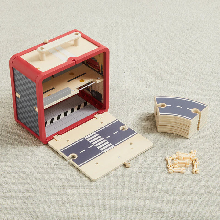 Take with Me Garage folded closed showing compact carry-along storage with wooden latch