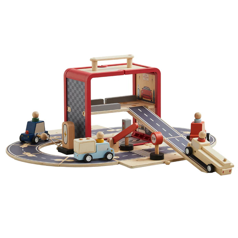 Wonder & Wise Take with Me Garage wooden playset open with ramp, road mat, cars, trucks, and peg people