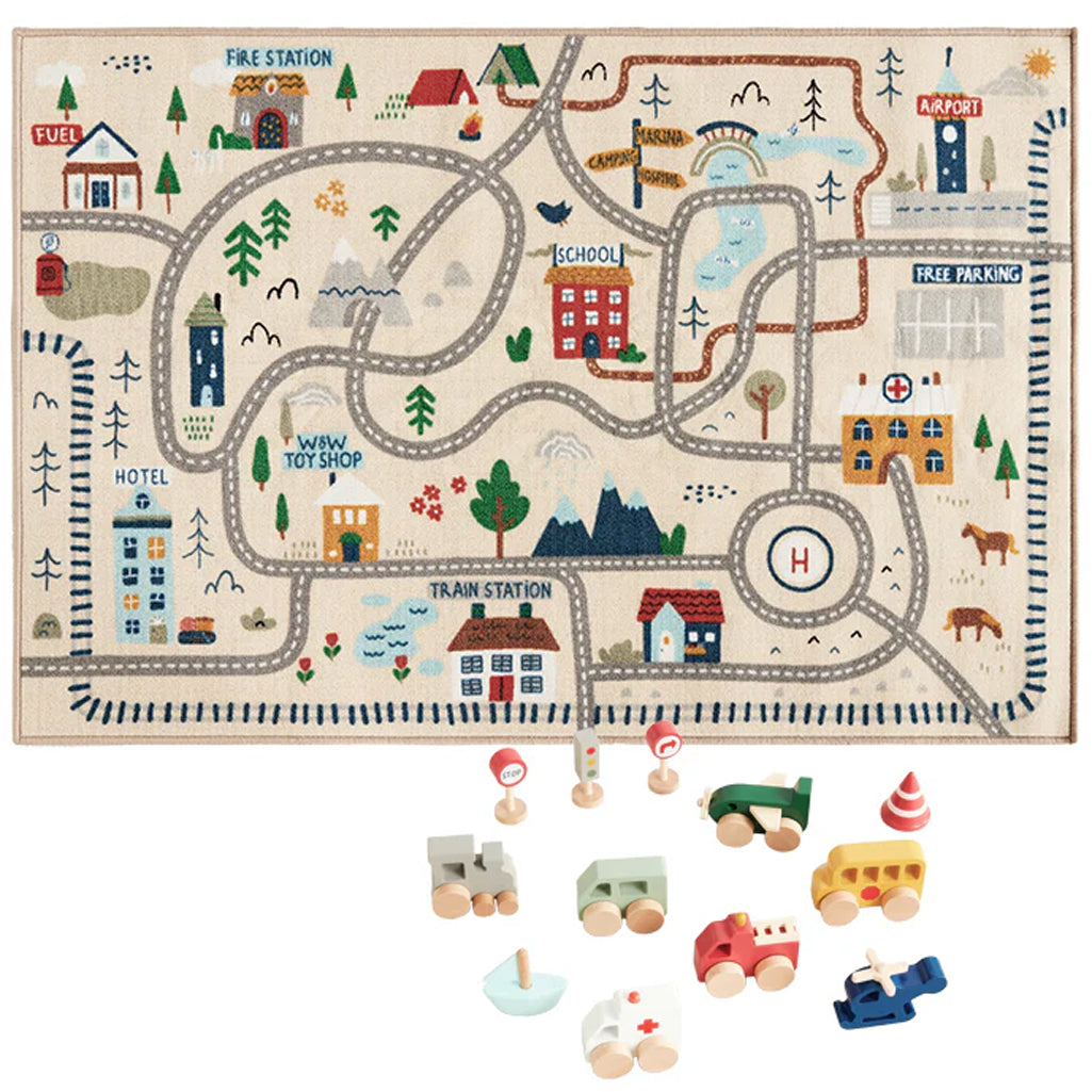 Wonder & Wise Around Town Play Mat with wooden cars and buildings, interactive city road rug for imaginative toddler play