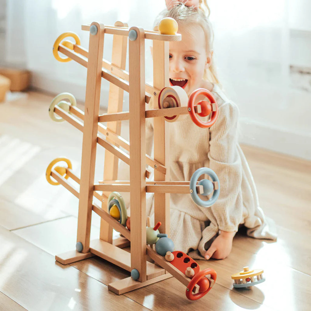 wonder and wise wooden childrens track toy including balls and wooden toy car  