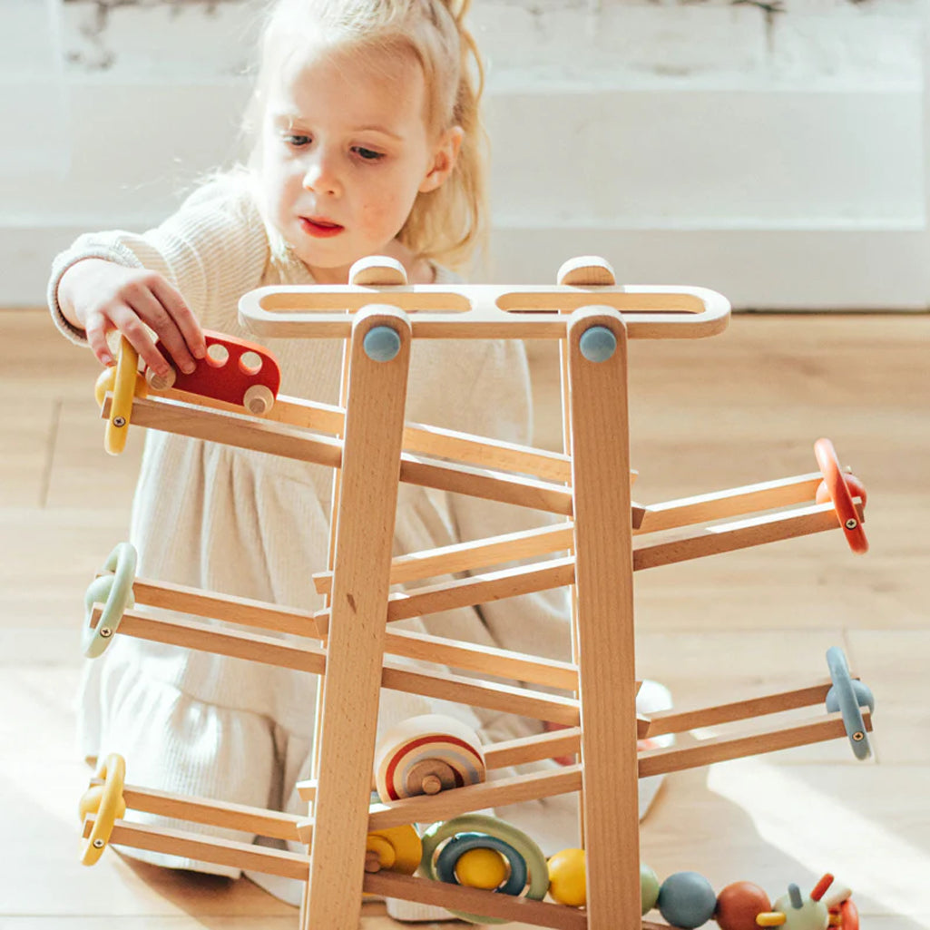 car and balls rolling down kids wooden toy track wonder and wise 