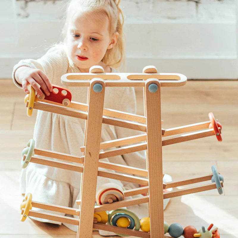 car and balls rolling down kids wooden toy track wonder and wise 