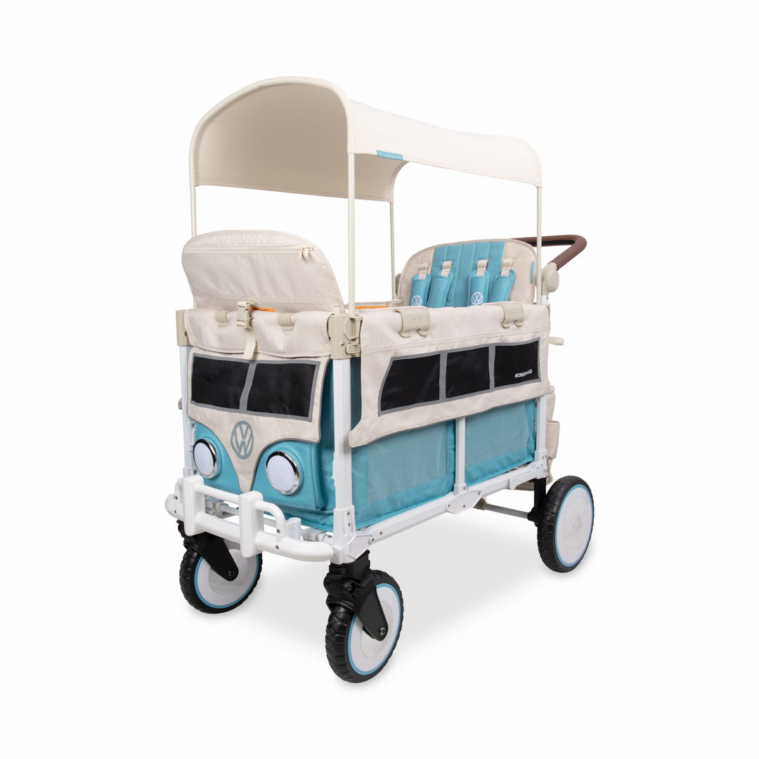 WonderFold VW4 Pro Volkswagen quad stroller wagon in Bondi Blue, retro VW bus 4-seater with canopy