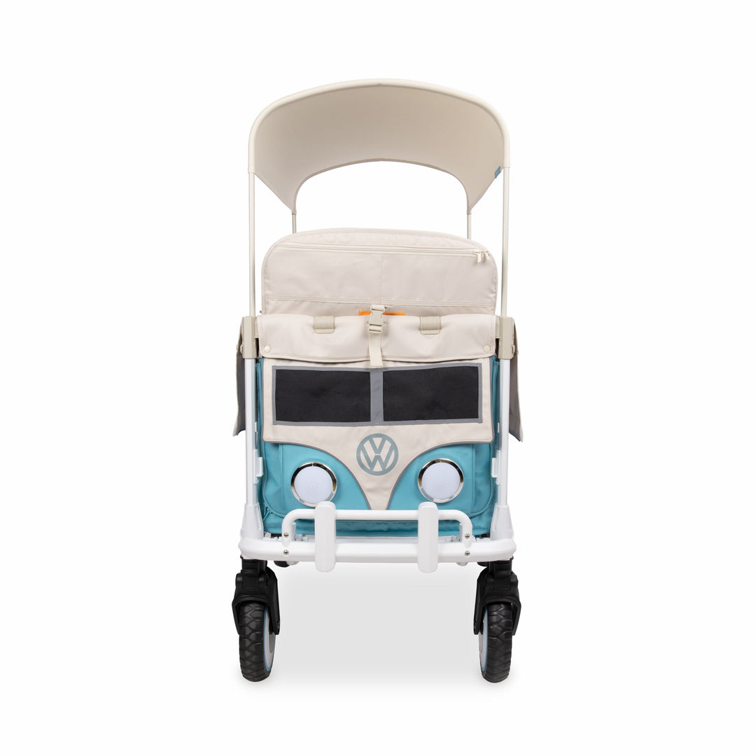 Front view of the Bondi Blue VW4 Pro stroller wagon with VW bus face, headlights and bumper