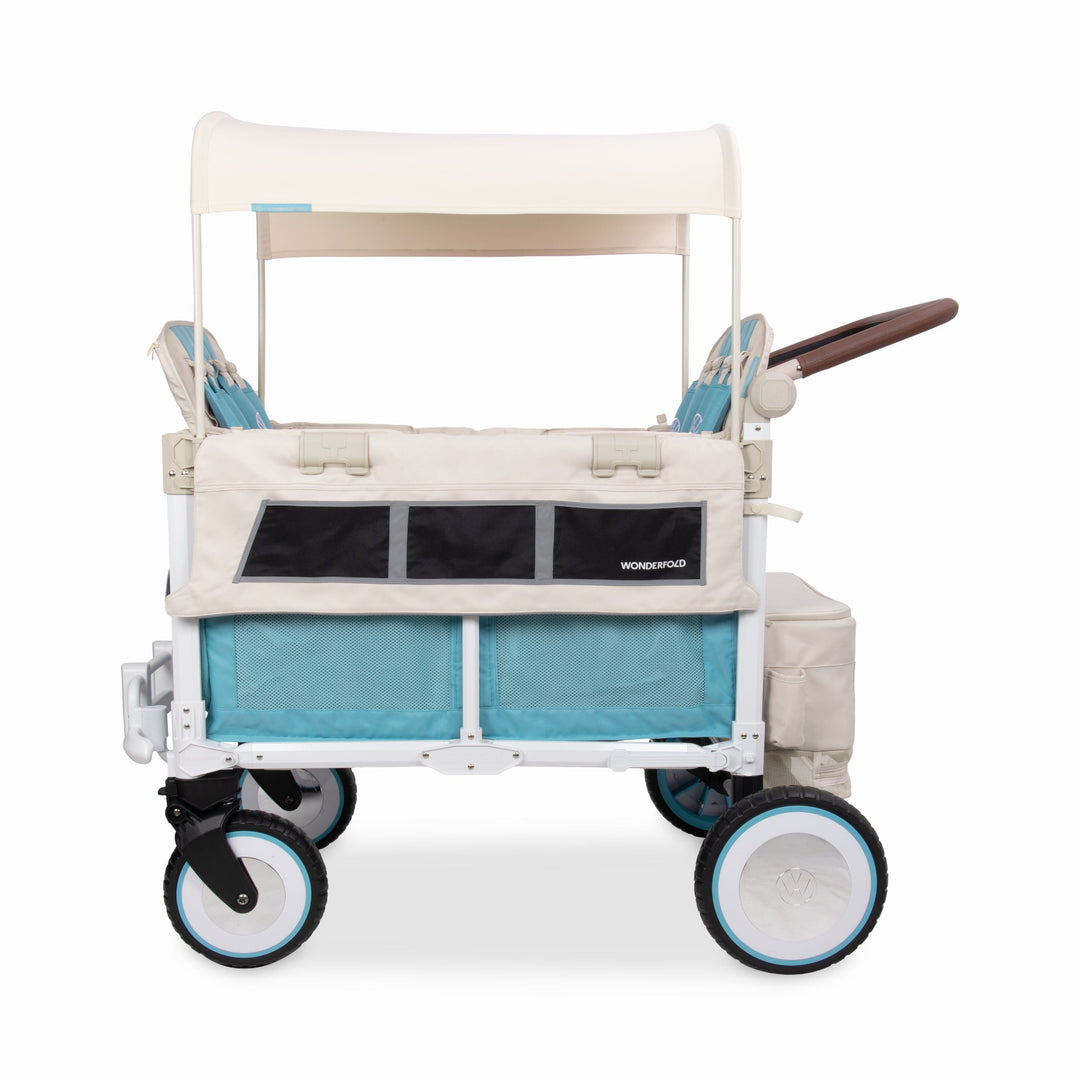 Side profile: Volkswagen VW4 Pro 4 seater wagon stroller, Bondi Blue, XL all-terrain wheels