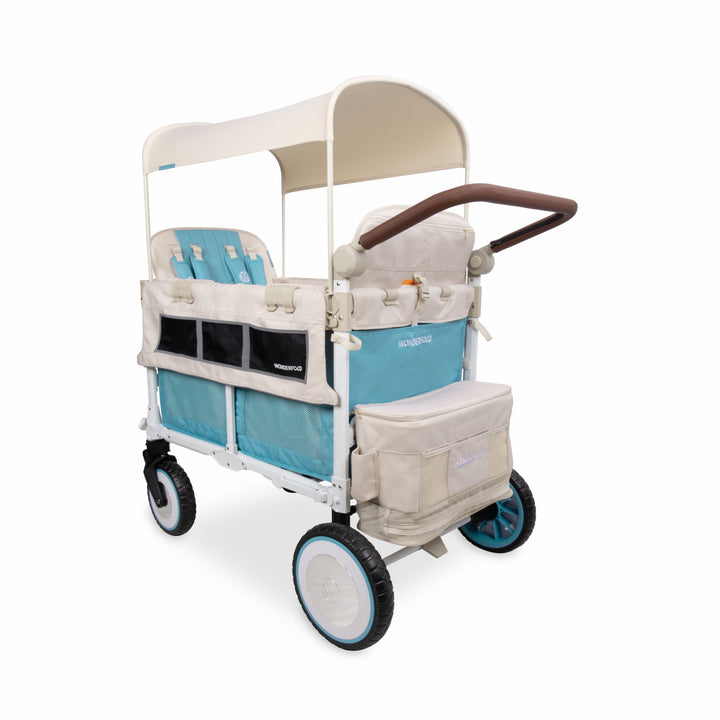 Bondi Blue VW bus quad stroller wagon by WonderFold, rear view with cooler and faux leather handle
