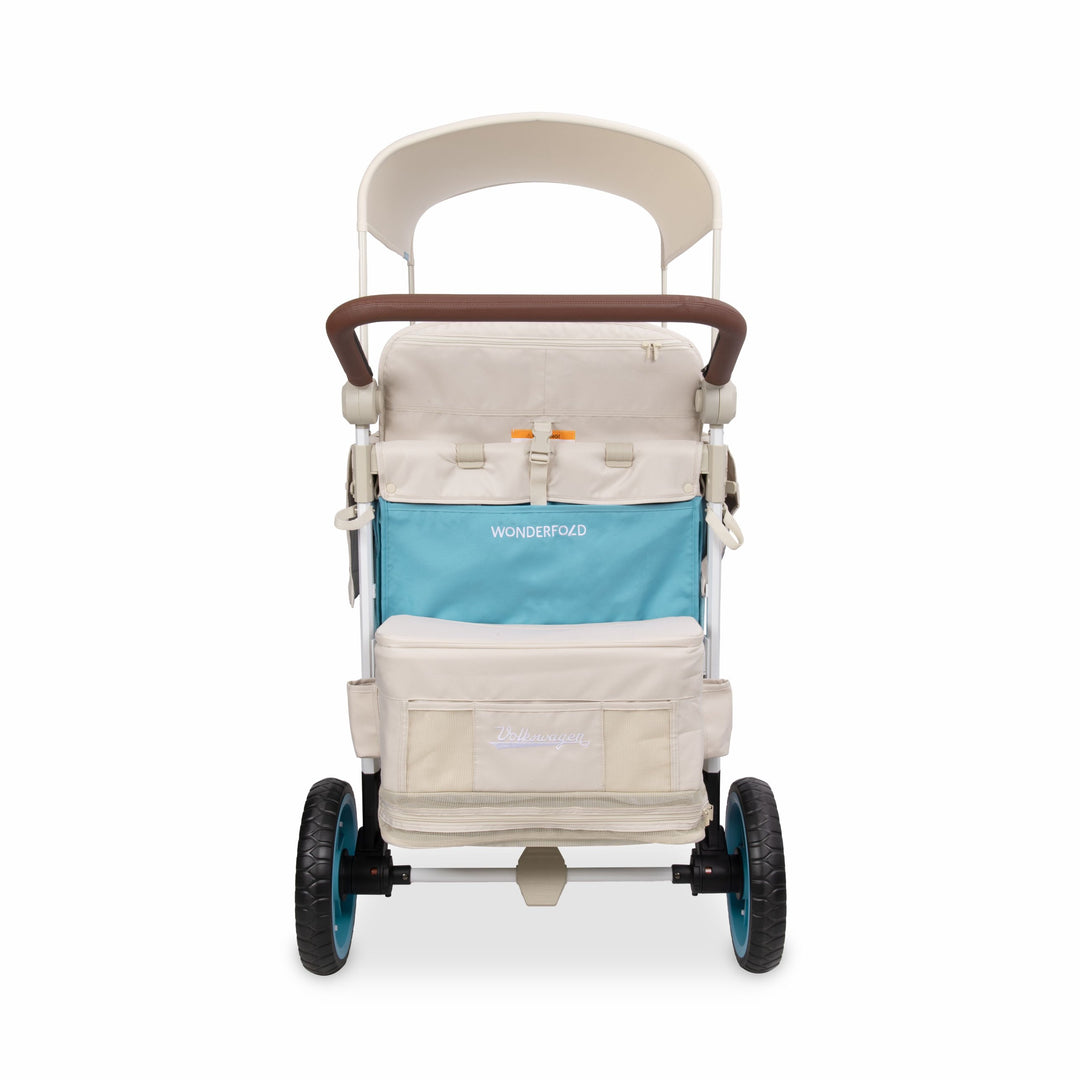 Rear of the VW4 Pro Bondi Blue quad wagon stroller with embroidered Volkswagen cooler bag