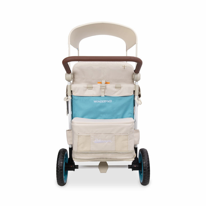 Rear of the VW4 Pro Bondi Blue quad wagon stroller with embroidered Volkswagen cooler bag