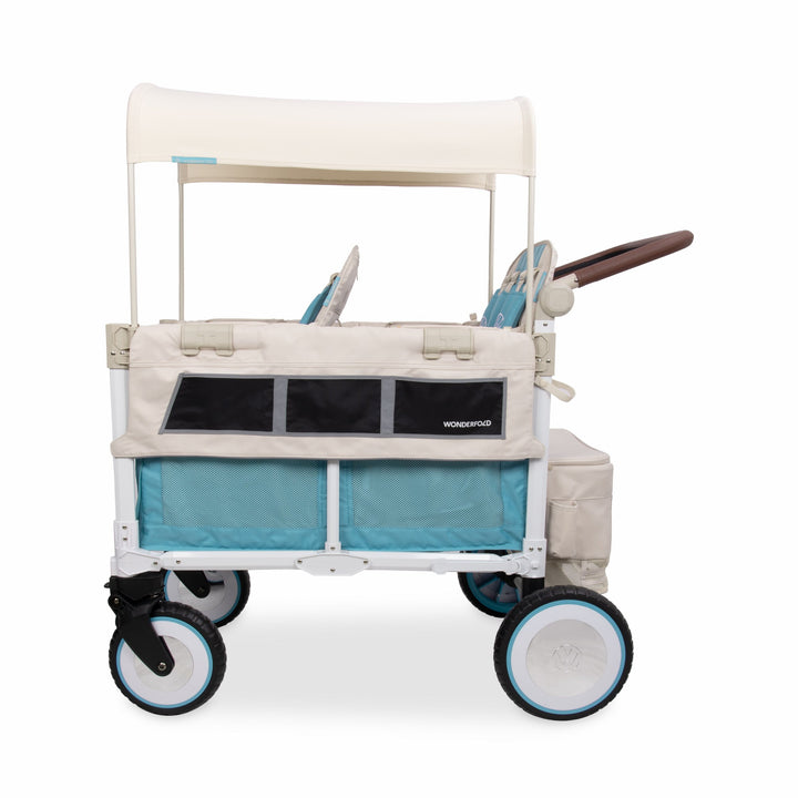 Volkswagen quad stroller wagon in Bondi Blue, side view with benches forward and mesh panels