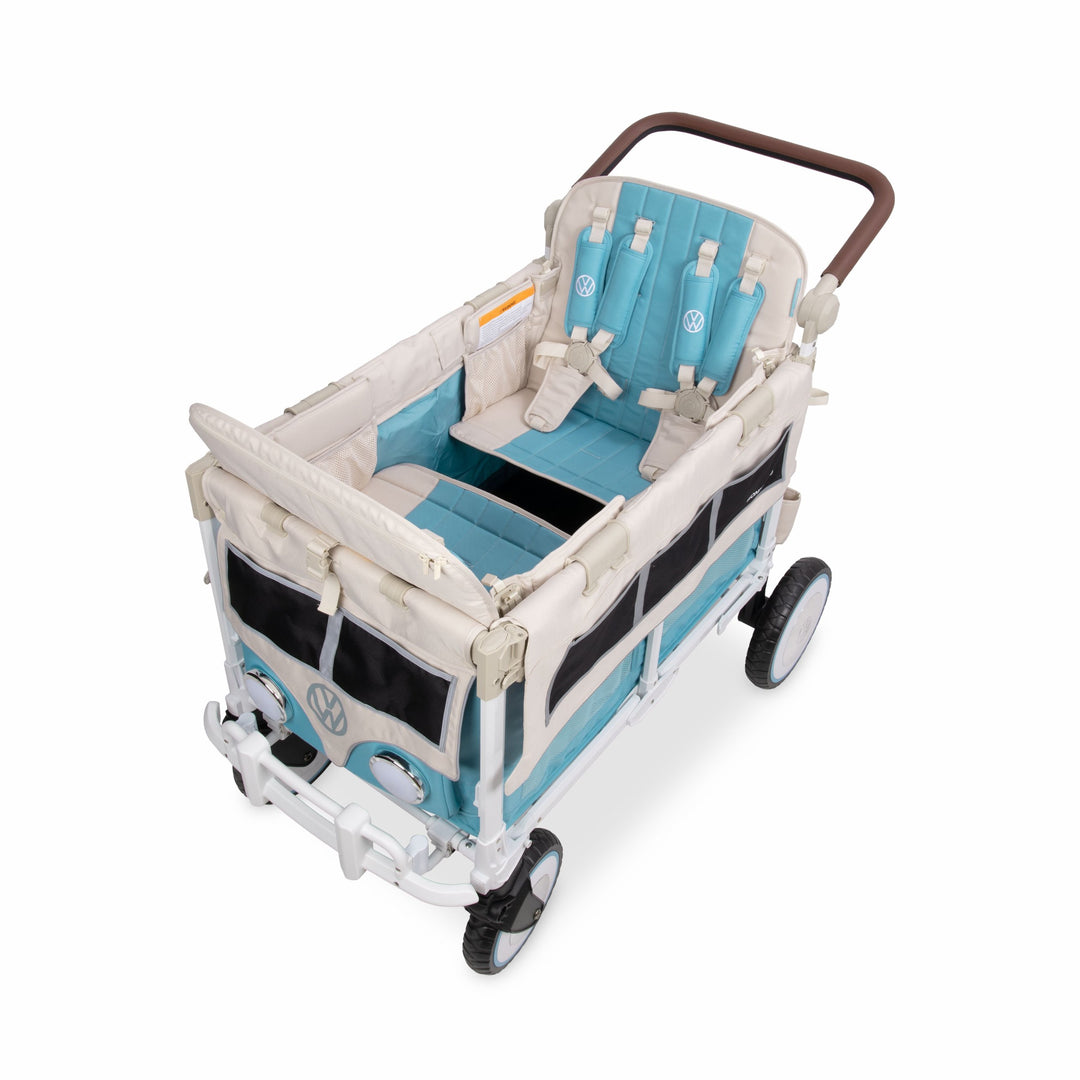 Top view of the VW4 Pro Bondi Blue wagon, two-child bench with dual 5-point harnesses