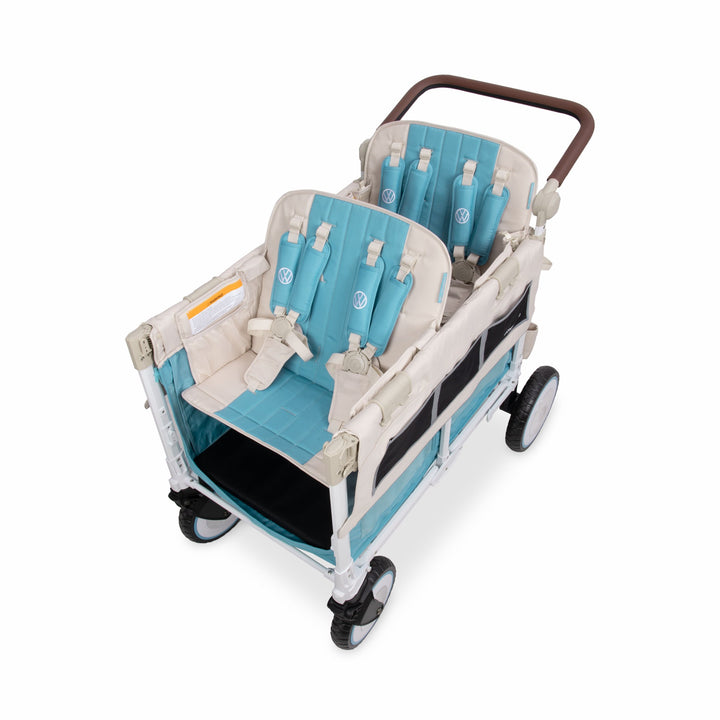 Overhead view: two benches seat four kids with 5-point harnesses in the Bondi Blue VW4 Pro