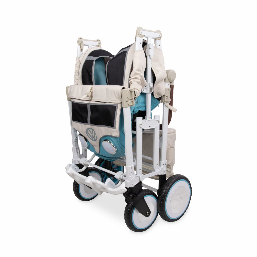 Folded WonderFold VW4 Pro Volkswagen quad stroller wagon, Bondi Blue, standing on its own