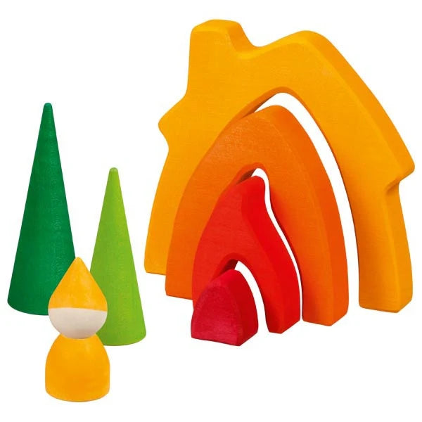 Set of colorful wooden toys including a stacking arches and pretend play dwarf