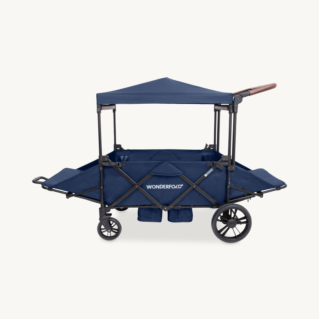 Navy Wonderfold X4R Quad Stroller Wagon with reclined seats and roomy footwell for toddlers