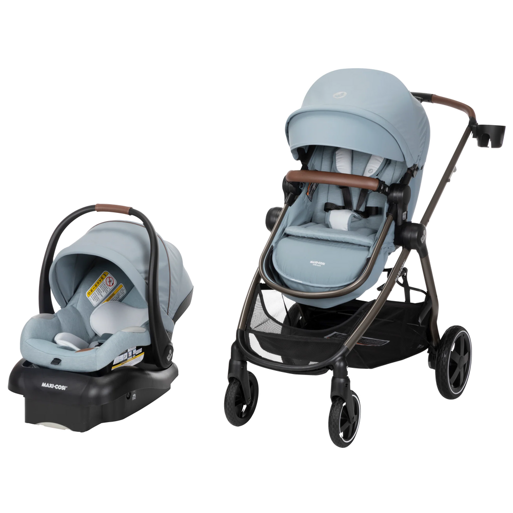 Maxi Cosi MageZelia Luxe Travel System showcasing the stroller in a full view with adjustable features, a perfect best travel stroller for parents on the go.