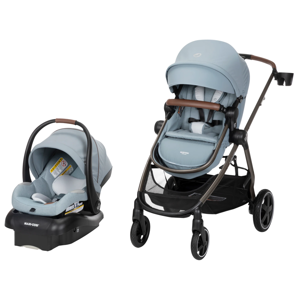 Maxi-Cosi zelia luxe 5-in-1 modular travel system in blue gray with stroller and carseat 