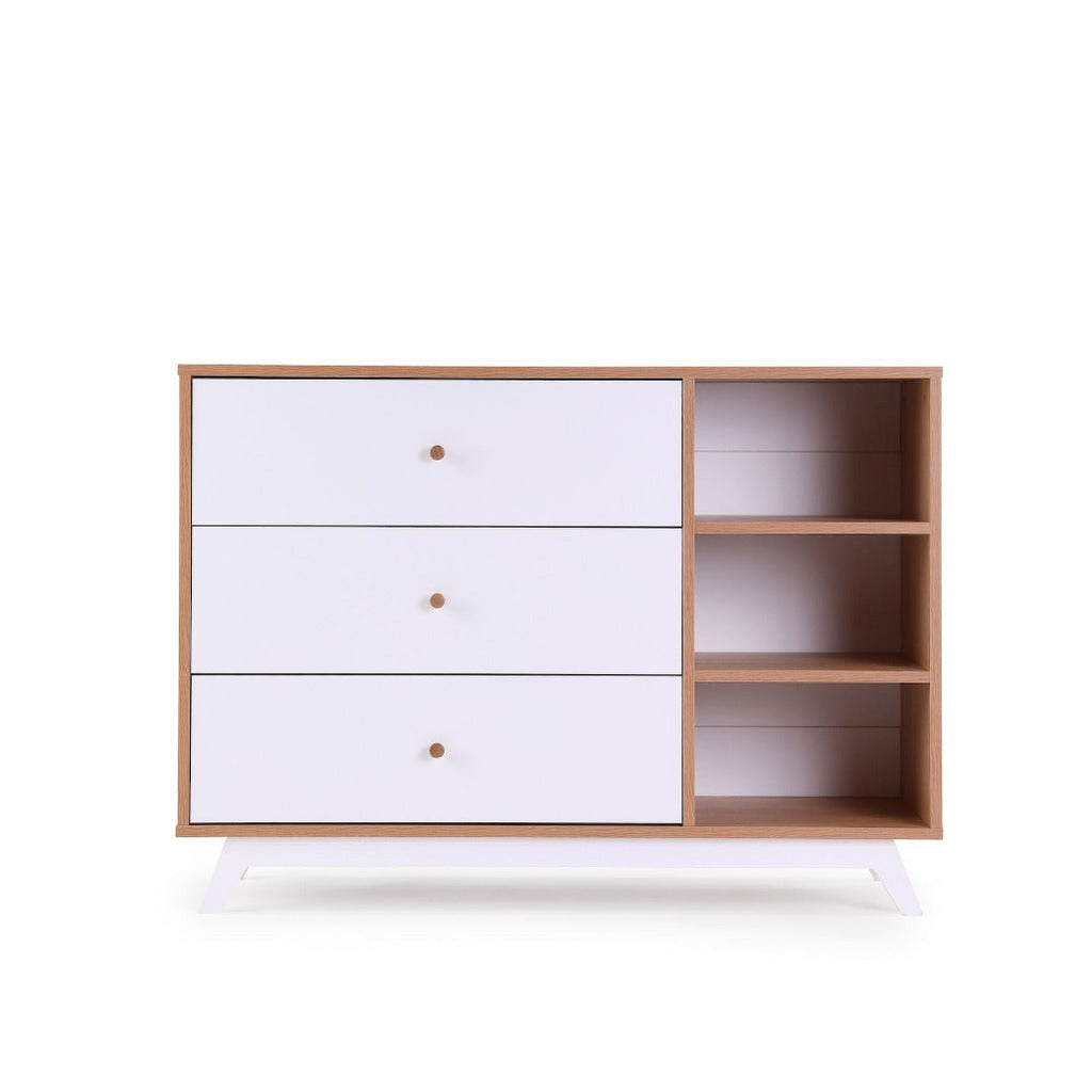 dadada White/Red Oak Central Park 3-Drawer Dresser Children's Nursery. front view. Baby nursery dŽcor