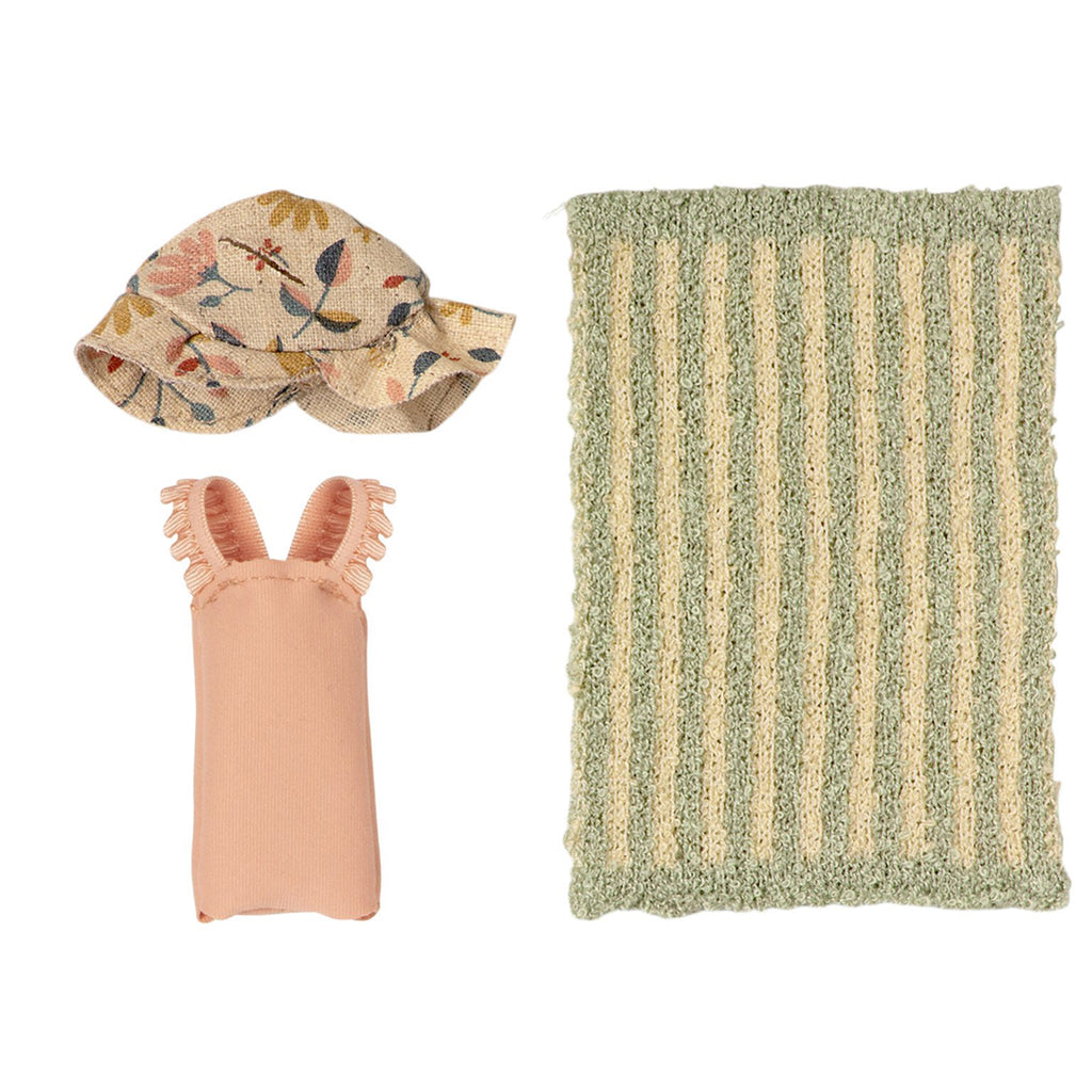 lifestyle_1, Maileg Big Sister Beach Set Children's Pretend Play Doll Accessories pink swimsuit with ruffled shoulder straps floral hat green taupe beach towel