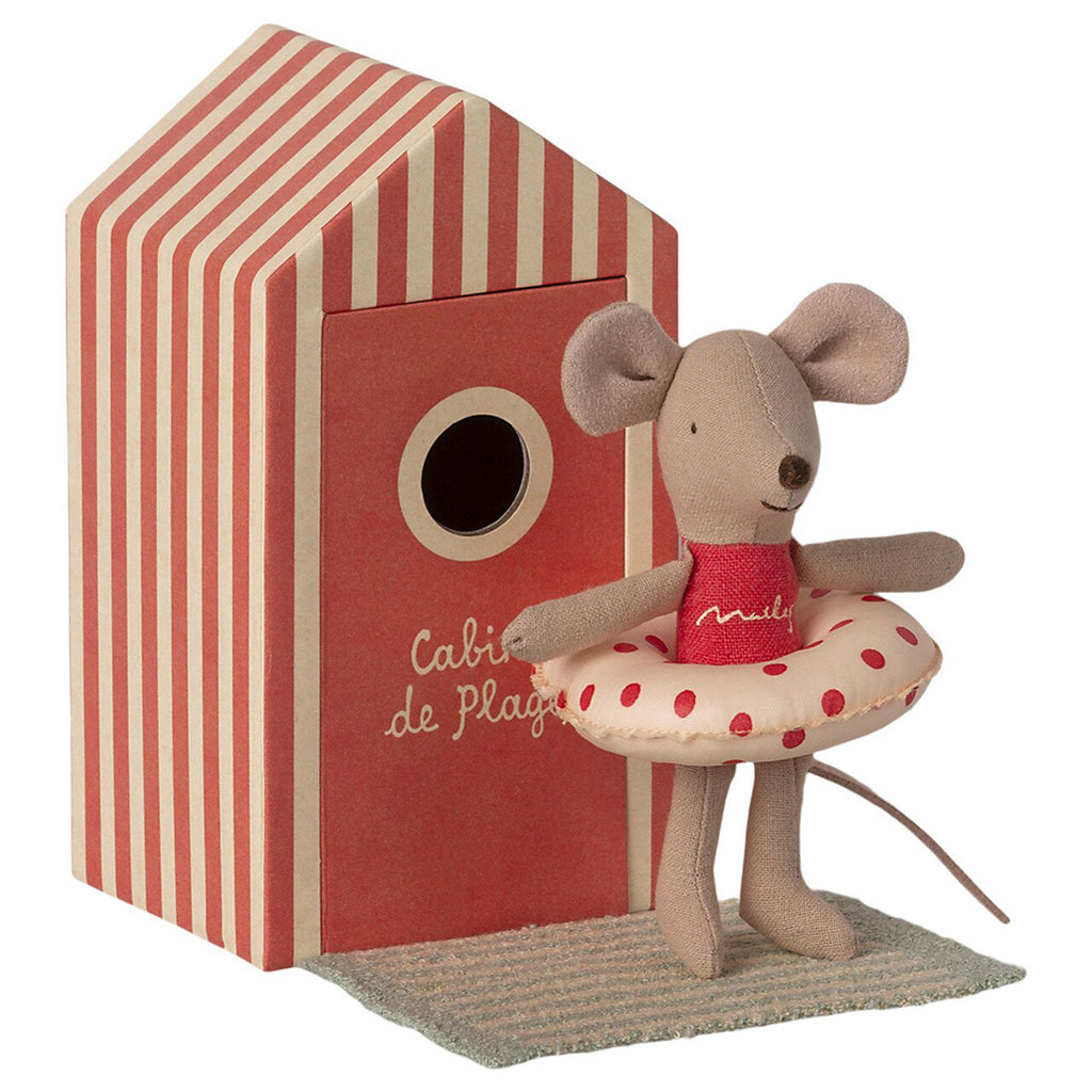 Maileg Little Sister Beach Mouse Cabin de Plage Children's Doll Set red stripe polkadot float