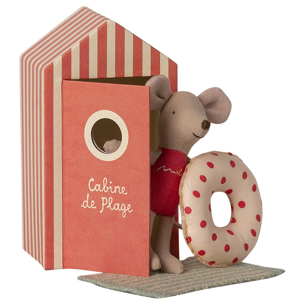 lifestyle_1, Maileg Little Sister Beach Mouse Cabin de Plage Children's Doll Set red stripe polkadot float
