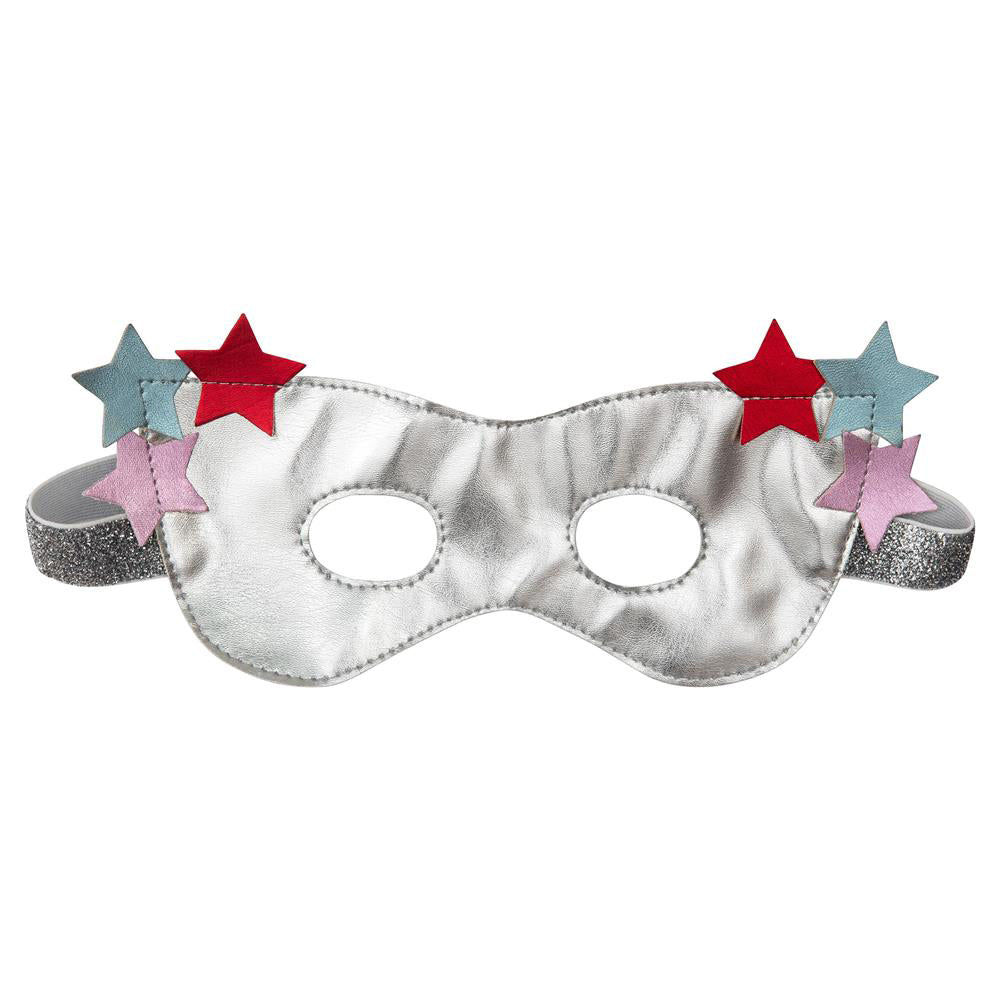 Silver superhero mask with red, blue and pink stars from the Meri Meri Superhero Kids Dress Up Kit, pretend play accessory